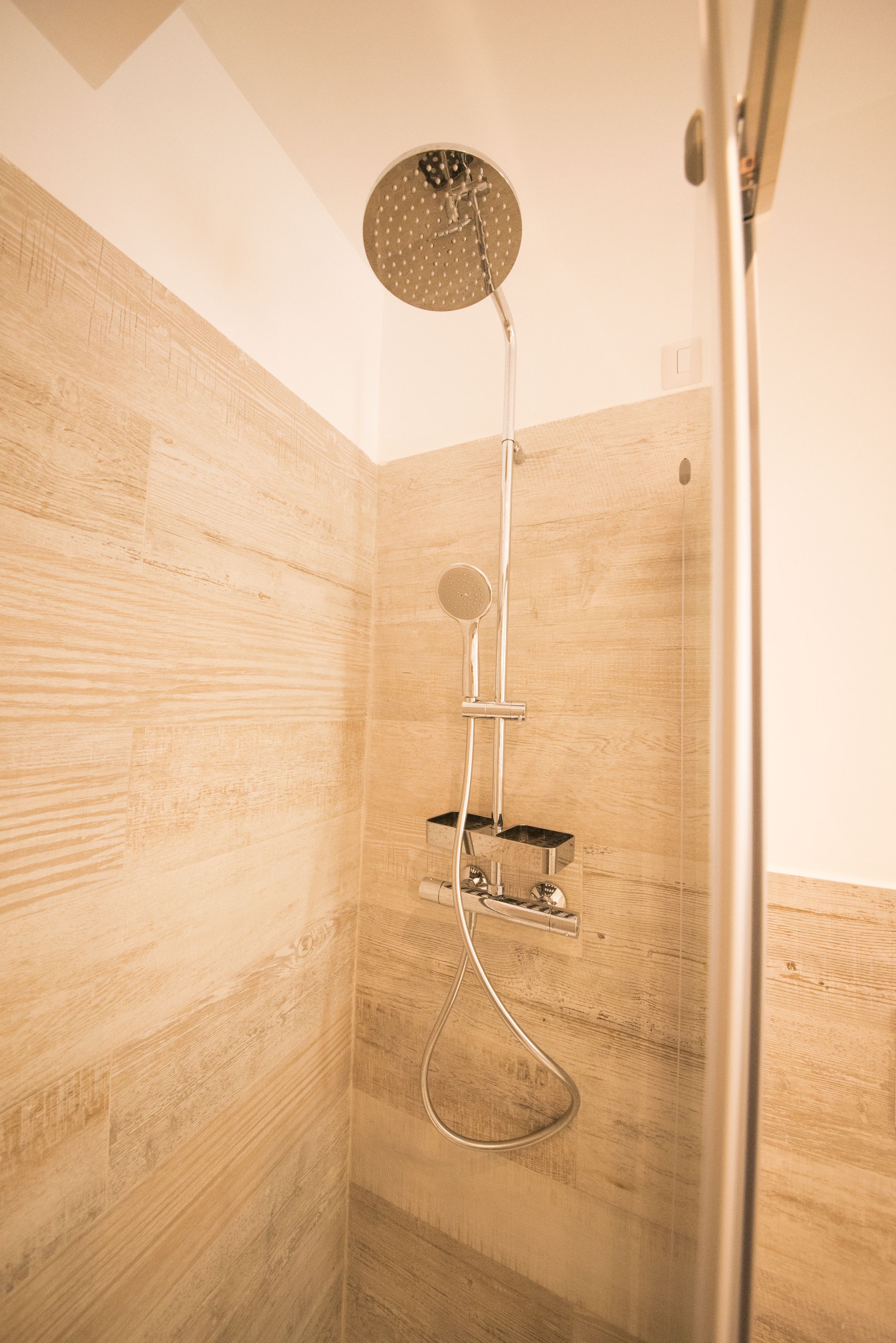 Une douche équipée d’un pommeau de douche à effet pluie et d’un pommeau de douche portatif, le tout fixé sur un mur en bois.