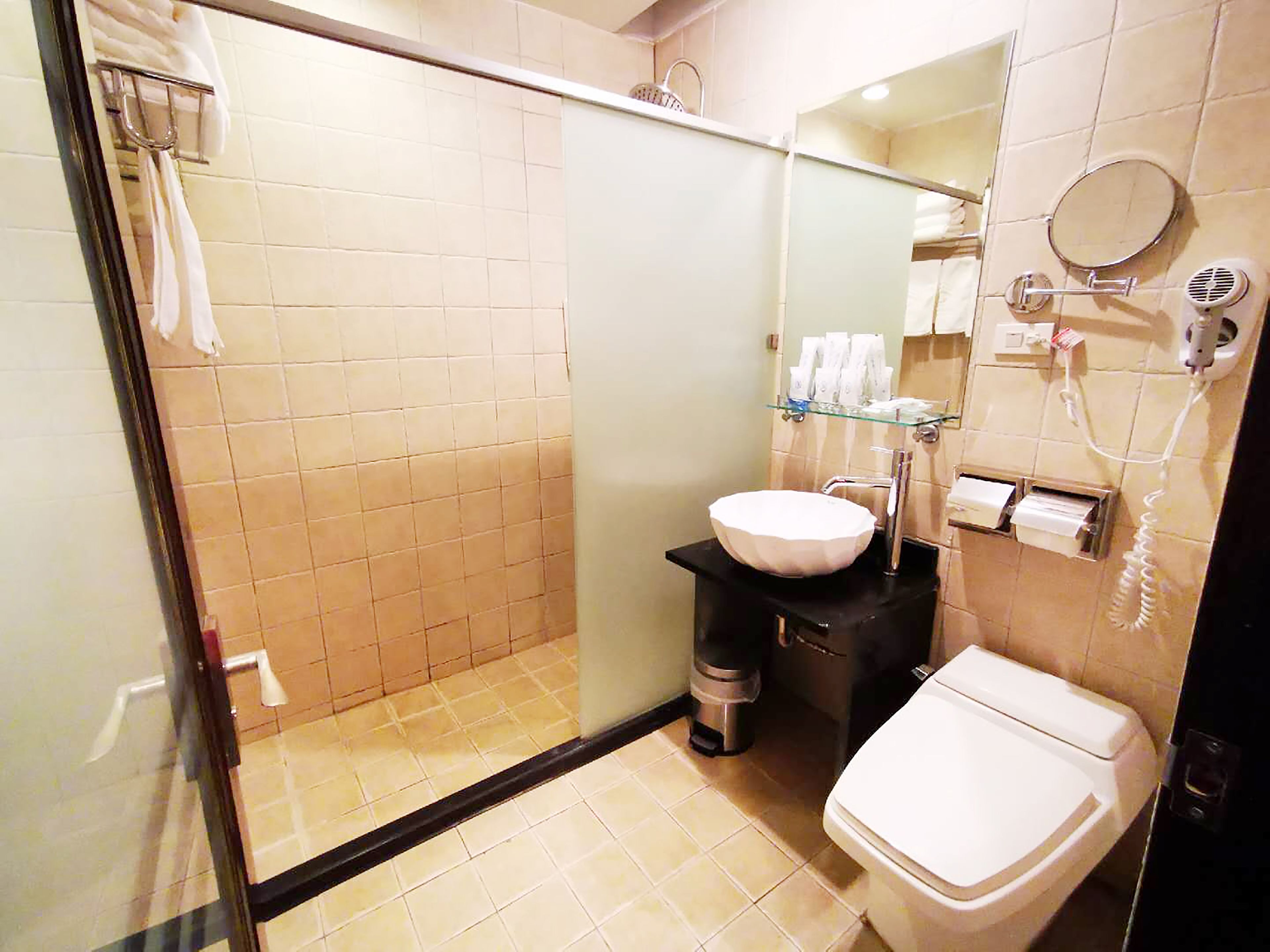 A bathroom with a glass-enclosed shower, a white sink, a toilet, and a mirror.
