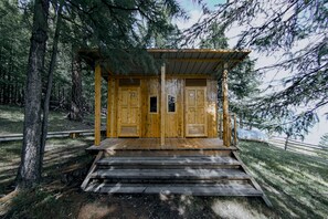 Een houten blokhut met een veranda en een trap die erheen leidt, omringd door bomen.