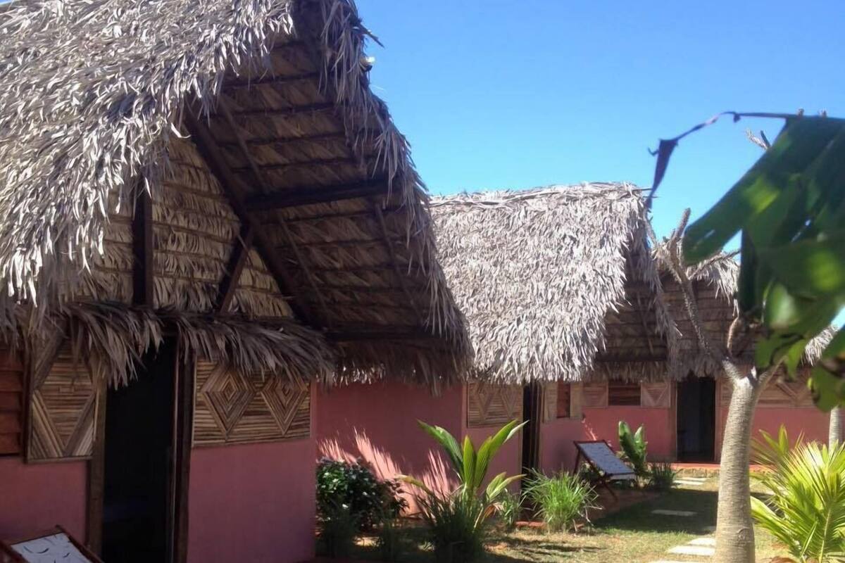 A resort with thatched-roof huts, a paved walkway, and outdoor seating areas.