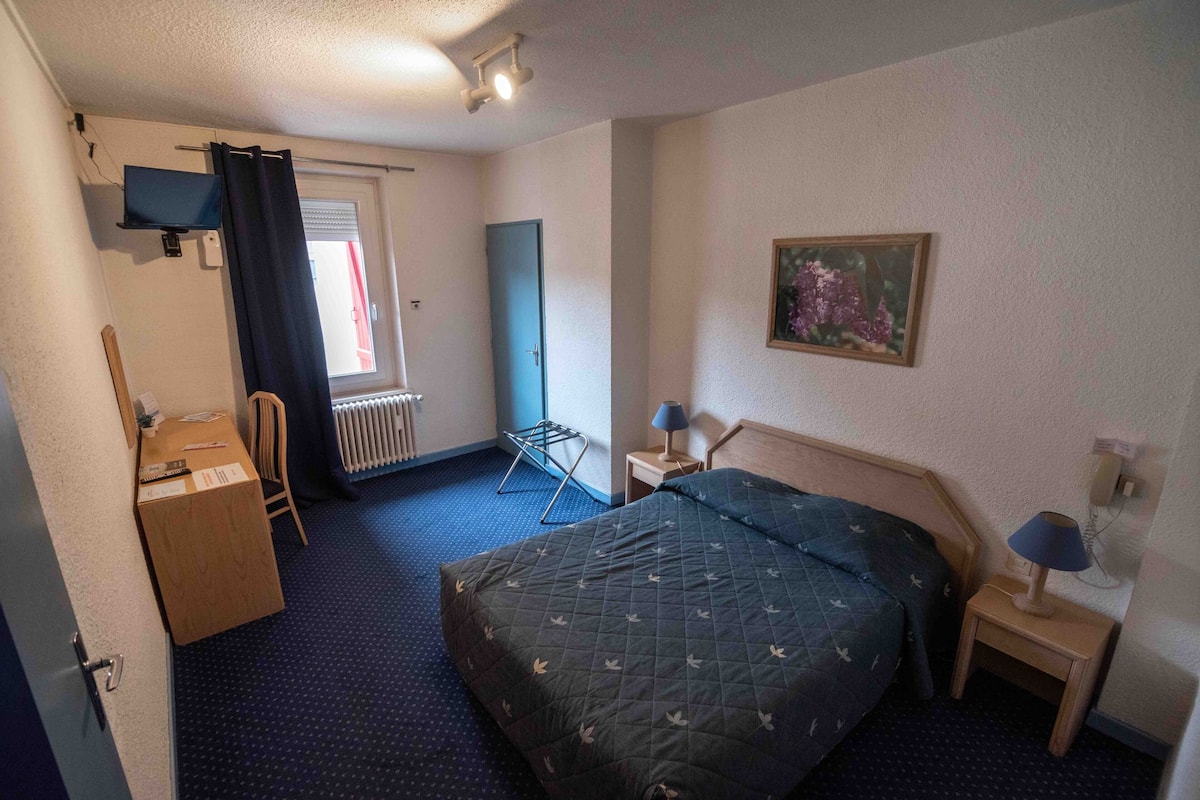 A hotel room with a bed, a desk, a chair, a radiator, a window with curtains, a painting on the wall, and a lamp on a bedside table.