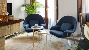 Un salon moderne avec un tapis rond, deux fauteuils bleus, une table basse ronde, une plante en pot et un luminaire au plafond original.