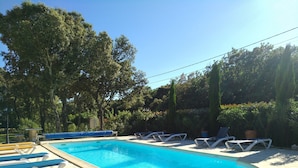 A rectangular swimming pool with a tiled edge, surrounded by lounge chairs and a paved deck.