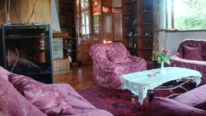 Un saló tranquil i acollidor amb terra de fusta, un sofà rosa, un butaca a joc i una taula petita amb un mantell de puntes. Hi ha una biblioteca plena de llibres i objectes decoratius, i una finestra amb cortines.