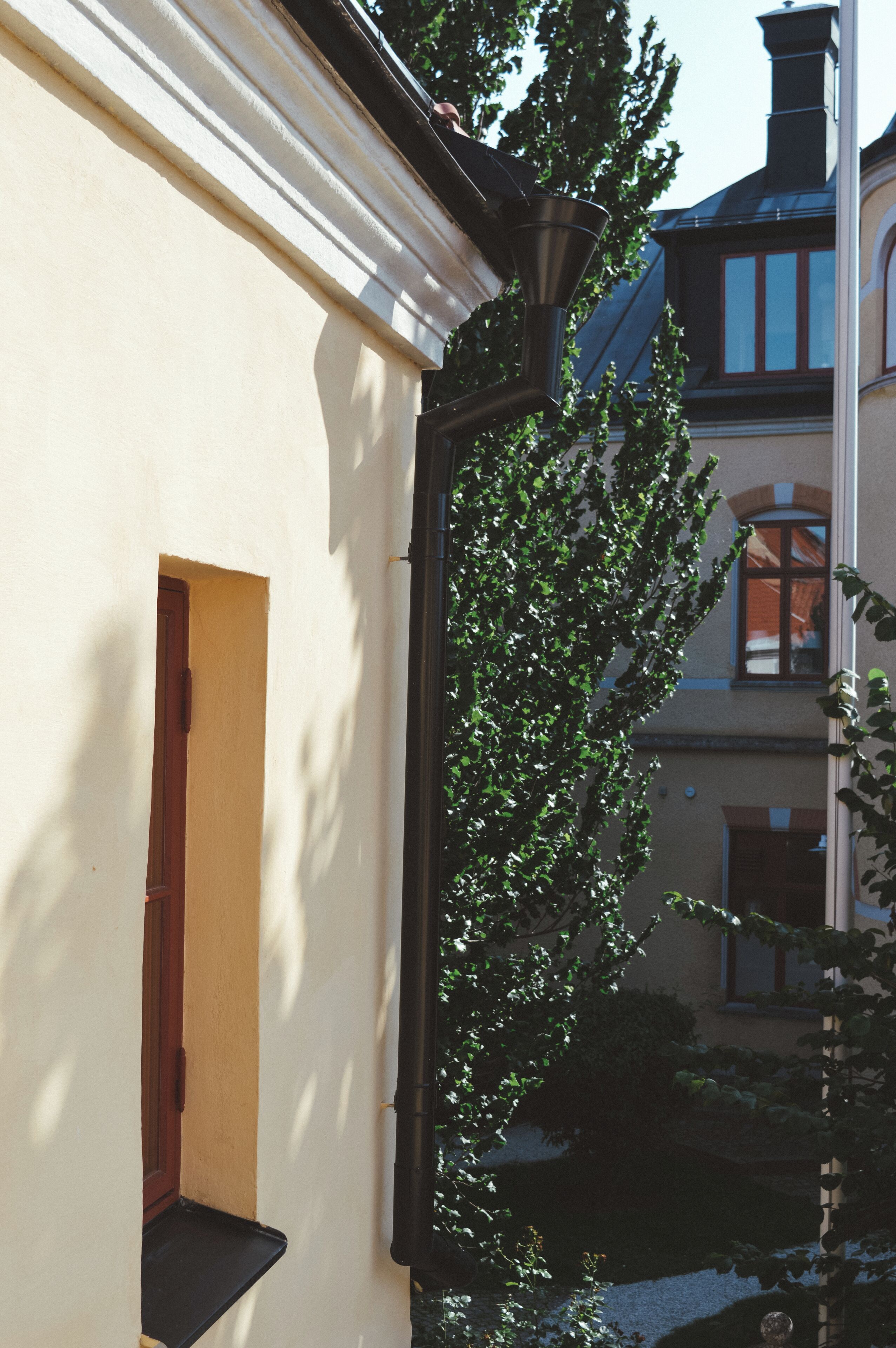 Un edificio con una ventana, una puerta y un árbol delante.