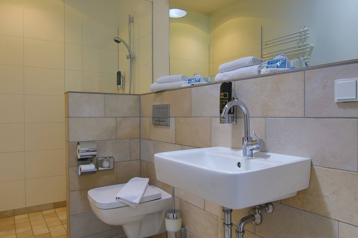 shower, free toiletries, hair dryer, towels