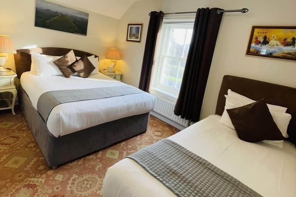A hotel room with two beds, a large window with curtains, a painting on the wall, and a ceiling light.