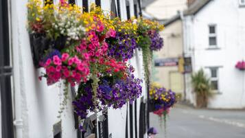 Un edificio con jardineras repletas de diversas flores.