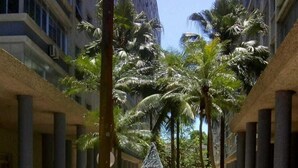 Un patio con palmeras, una fuente central y bancos.