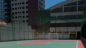Una cancha de baloncesto al aire libre con superficie verde y roja, rodeada por una valla alta y edificios al fondo.