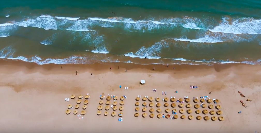 An aerial view of a beach with rows of sun loungers and people.