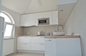 Superior appartement, uitzicht op tuin | Privékeuken | Een koelkast met diepvriezer, een oven, een kookplaat, een vaatwasser