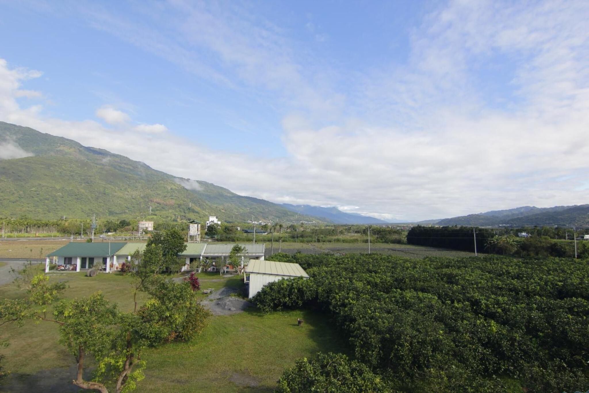 Ländliche Landschaft mit einer kleinen Ansammlung von Gebäuden, darunter ein Haus mit einem grünen Dach und ein Schuppen, umgeben von üppiger Vegetation und Feldern.