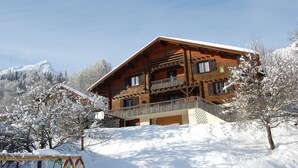 Uma cabana de madeira com várias varandas, rodeada por árvores e montanhas cobertas de neve.