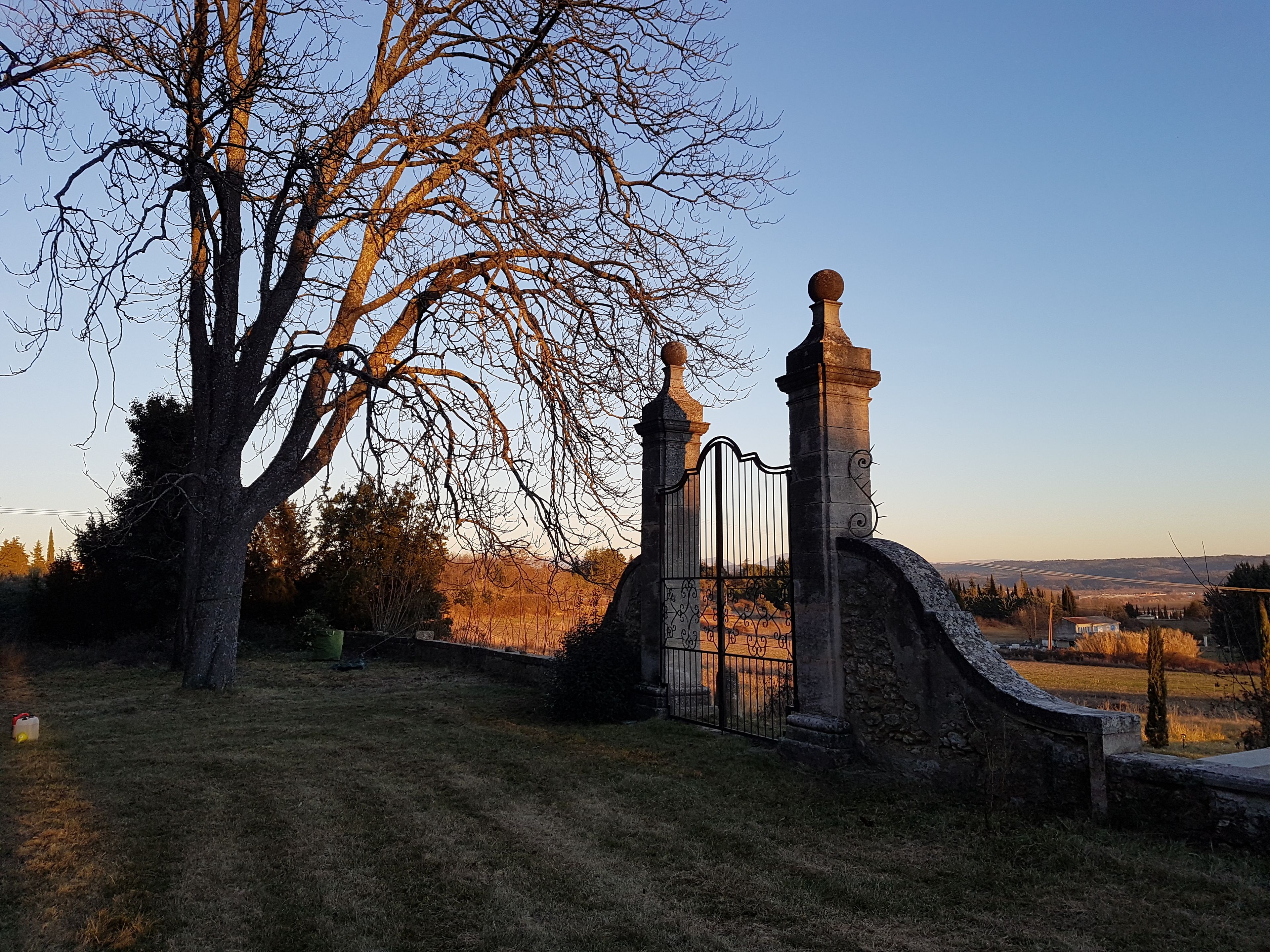 A stone gate with a ball finial, a tree, and a view of the countryside.