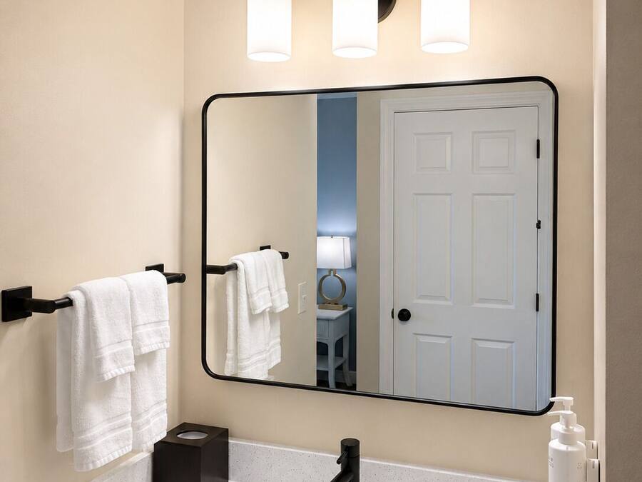 A bathroom with a white sink, black faucet, and a mirror with three lights.