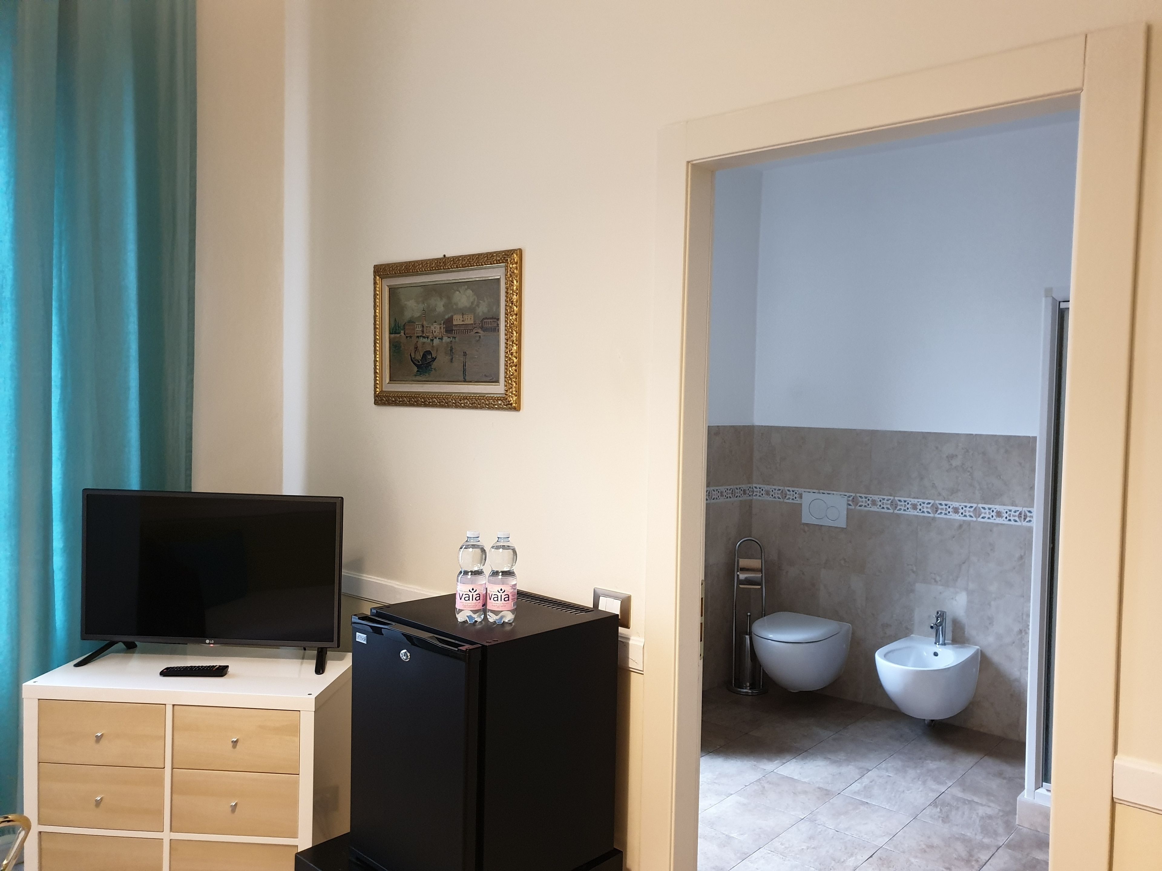Habitación de hotel con televisión, minibar, un cuadro y baño con bidé e inodoro.