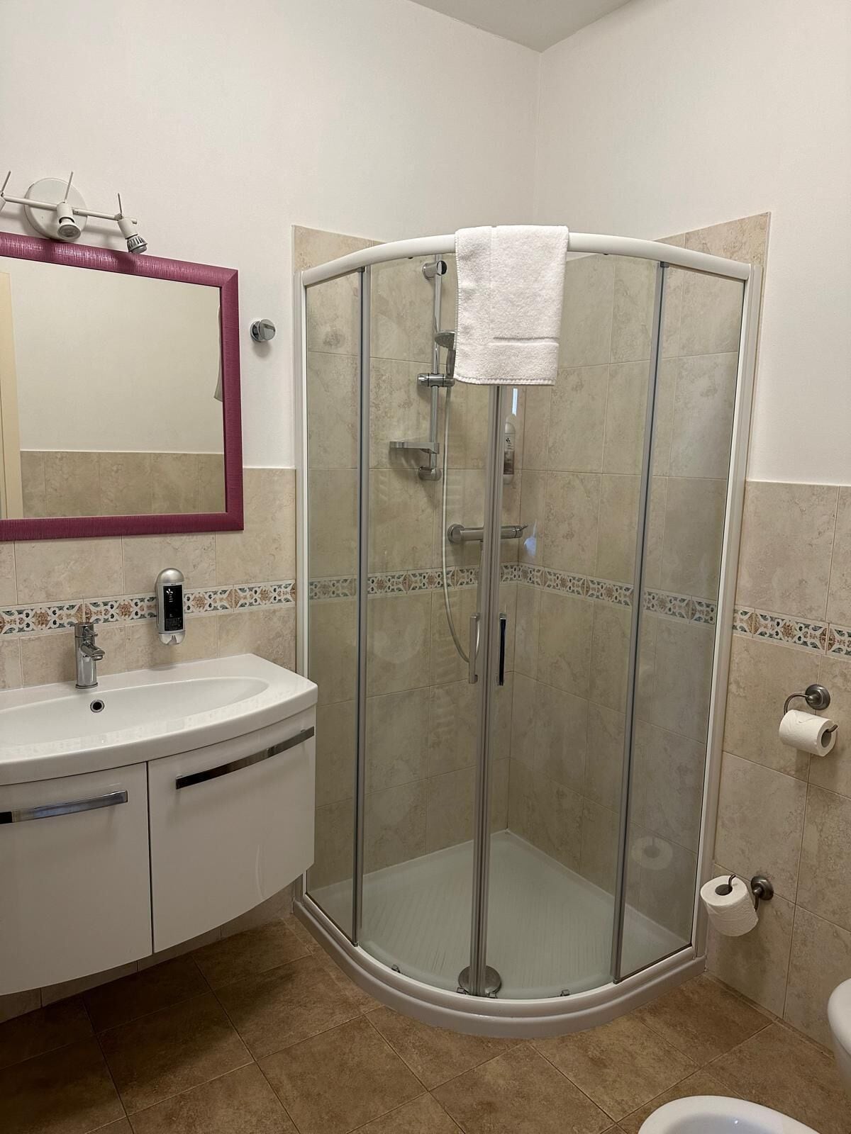A bathroom with a glass-enclosed shower, a sink with a mirror, and a toilet.