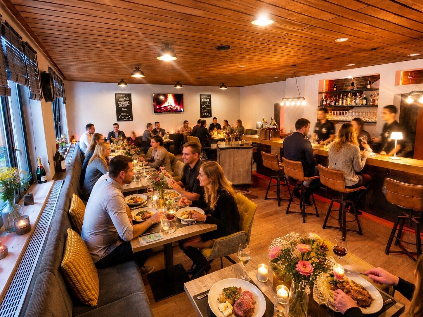 Un restaurante con techo de madera, mesas con velas y una zona de bar.