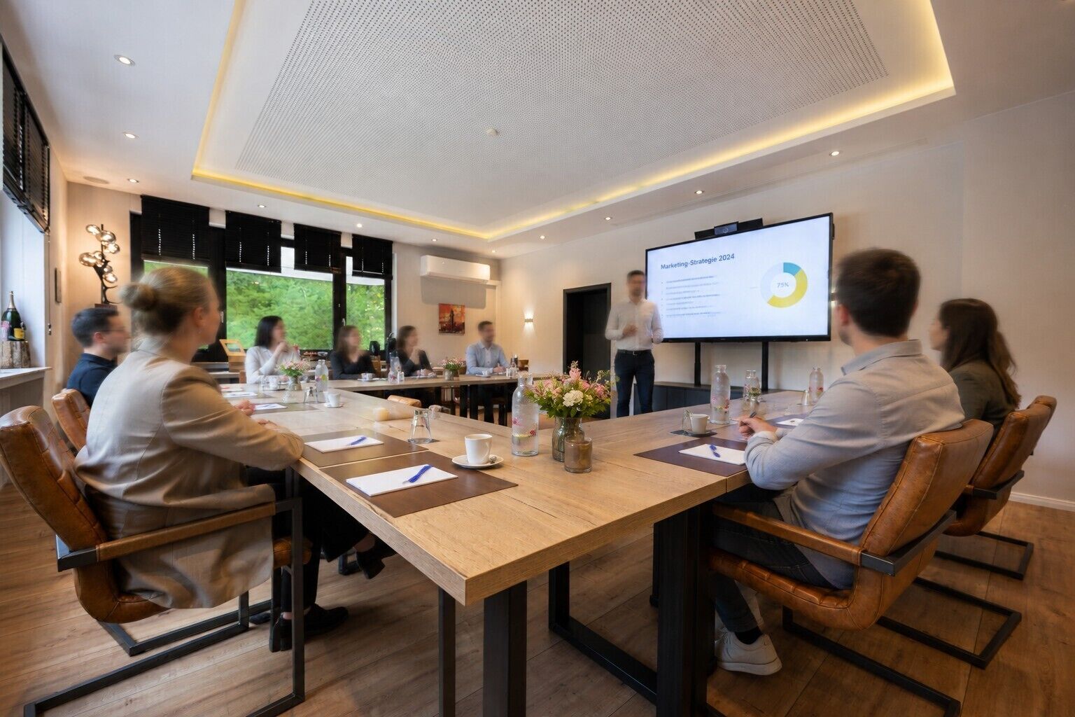 A conference room with a long table, chairs, and a presentation screen.