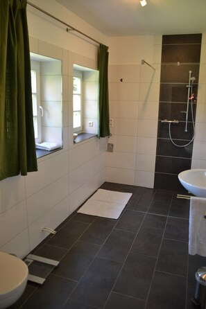 Bathtub, hair dryer, bidet, towels