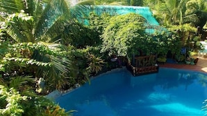 Una piscina rodeada de abundante vegetación y una terraza de madera.