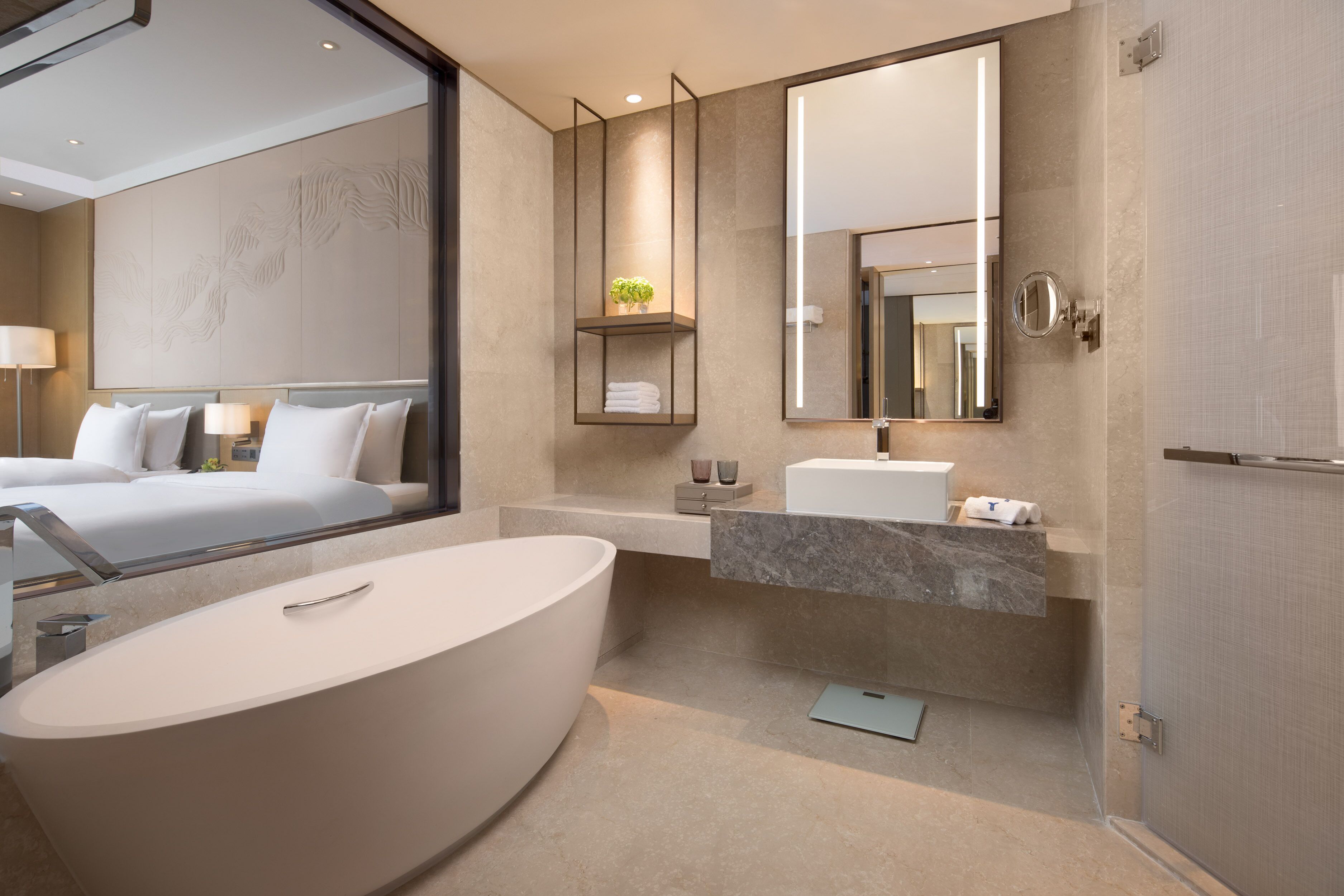 rainfall showerhead, hair dryer, bathrobes, slippers