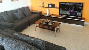 Un soggiorno con un divano grigio, un tavolino, una televisione ed scaffali con oggetti decorativi.