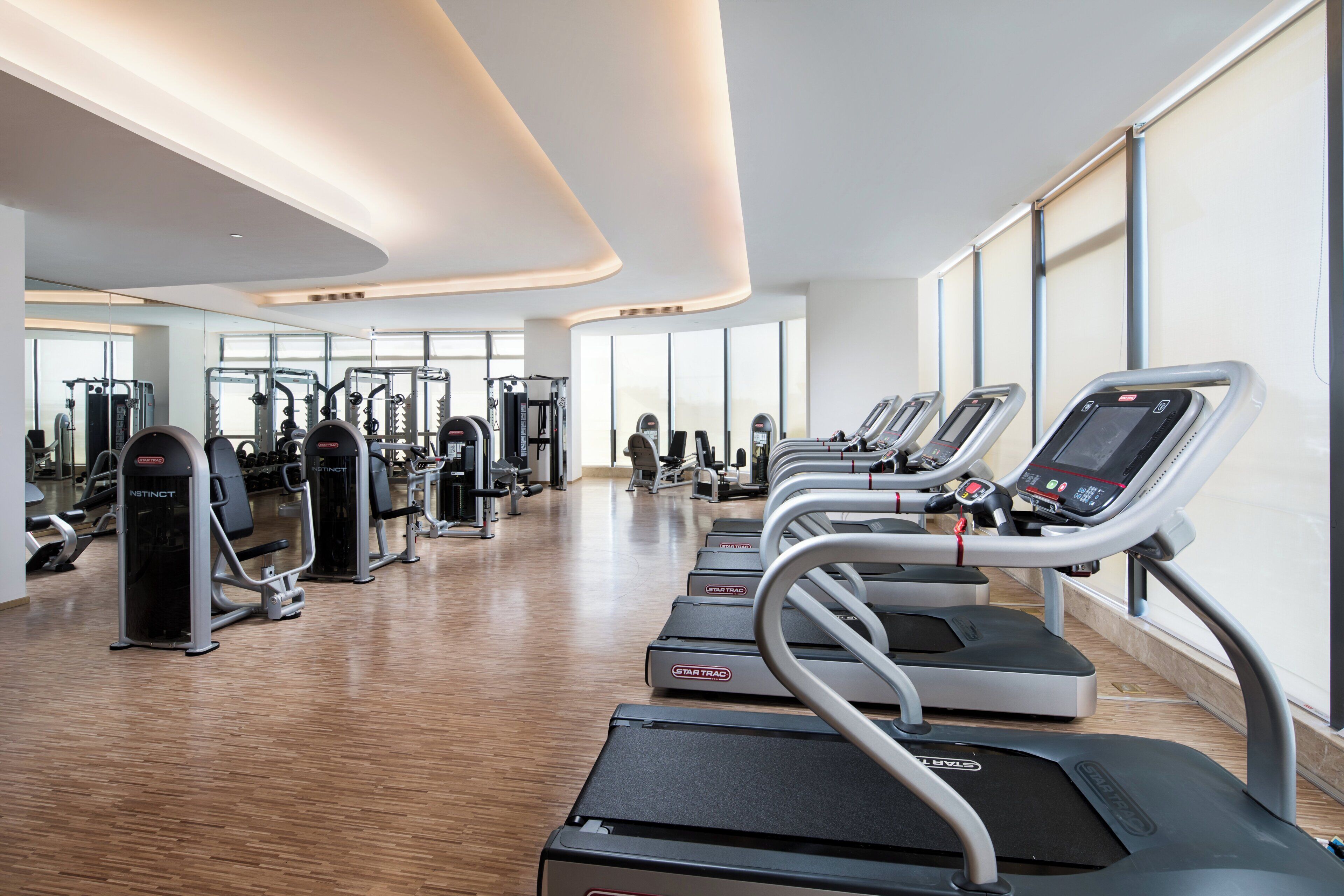 A modern gym with treadmills, weight machines, and free weights.