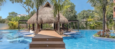 Outdoor pool, pool umbrellas, pool loungers