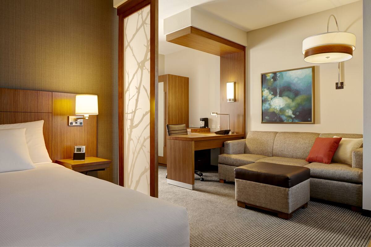 Une chambre d’hôtel avec un lit, un bureau, un canapé et un tableau au mur.