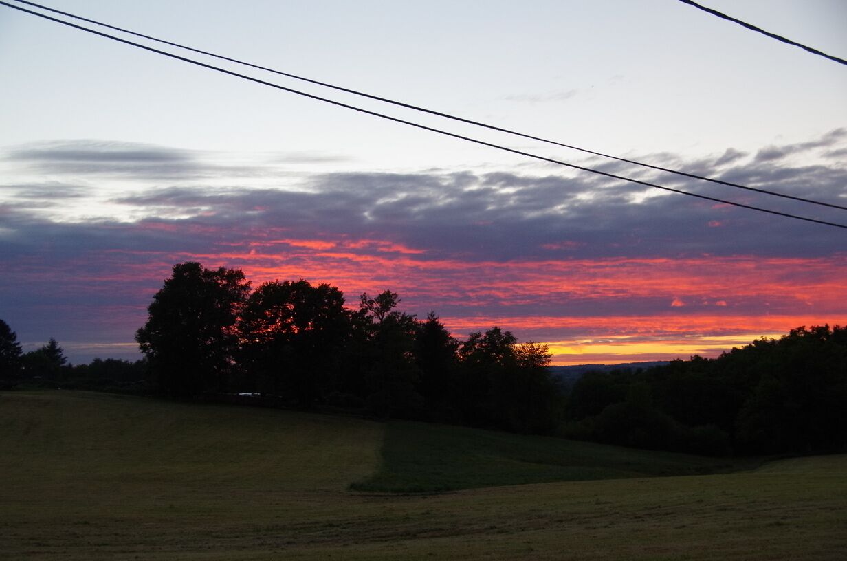 Un atardecer sobre un paisaje rural con árboles y campos abiertos.