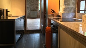 A kitchen with a stone wall, a wooden door leading to a hallway, and a gas cylinder.