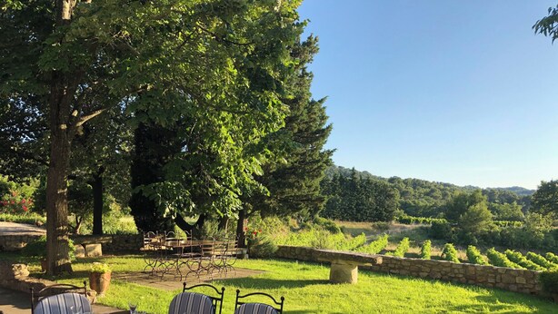 An outdoor dining area with a table set for six, surrounded by chairs, in a garden with a stone wall and a view of a vineyard. - Authentic farmhouse in Saint Remy de Provence (Saint-Rémy-de-Provence)