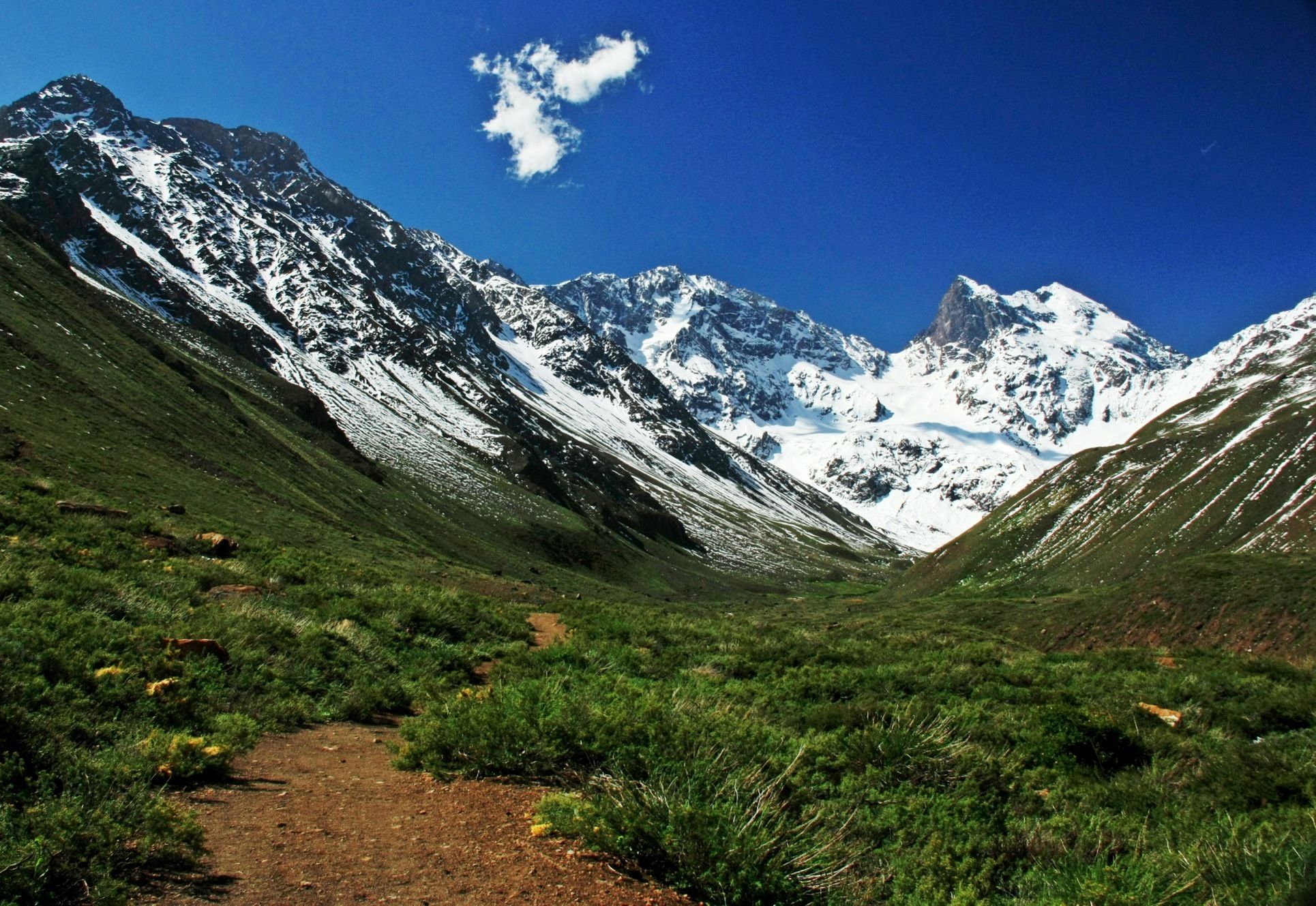 A mountain path leading to snow-capped peaks under a clear sky.