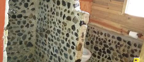 Ein Badezimmer mit Steinwand, Holzboden und Toilette.