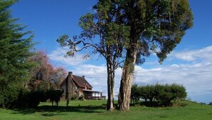 A stone house with a red roof, surrounded by a grassy field and large trees. - Castle Forest Lodge (Kimunye)