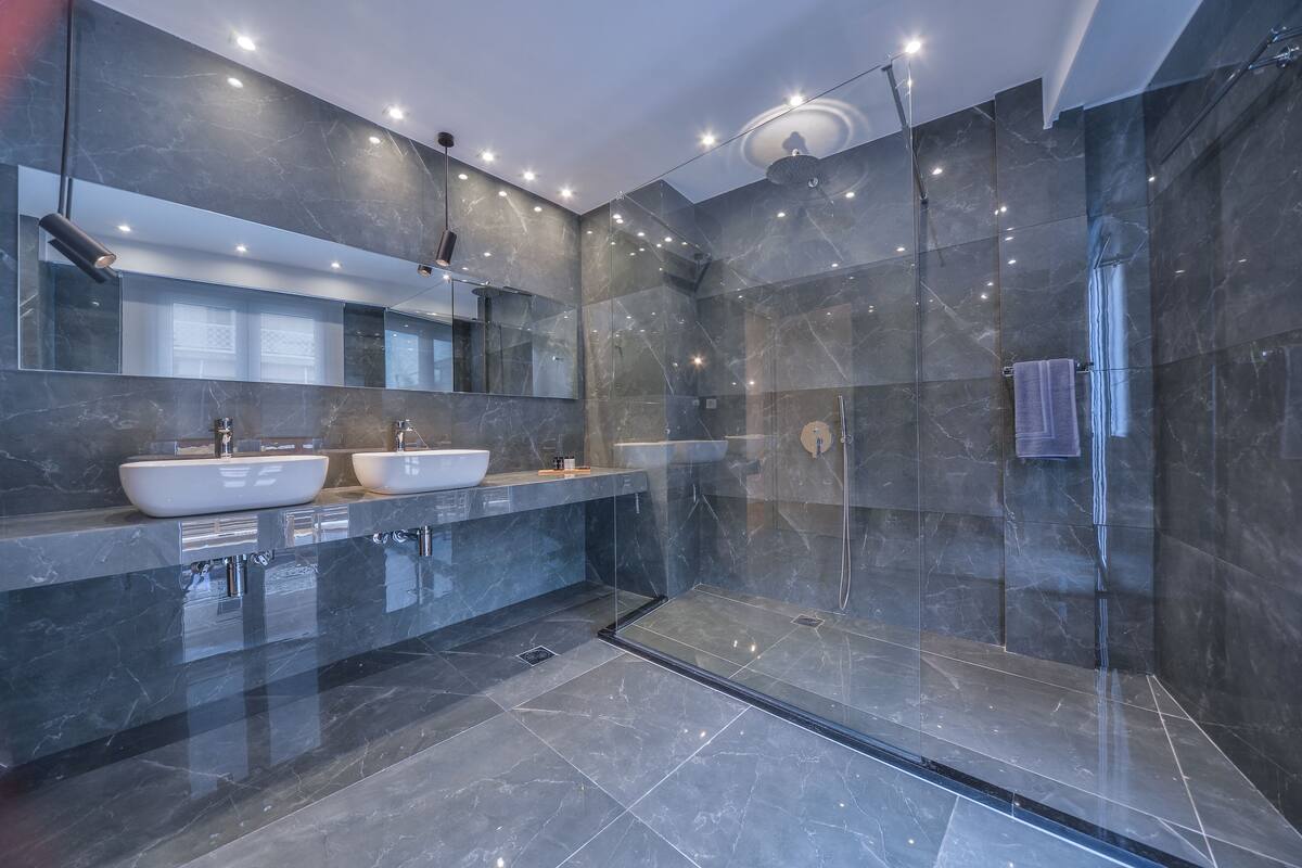 shower, rainfall showerhead, designer toiletries, hair dryer