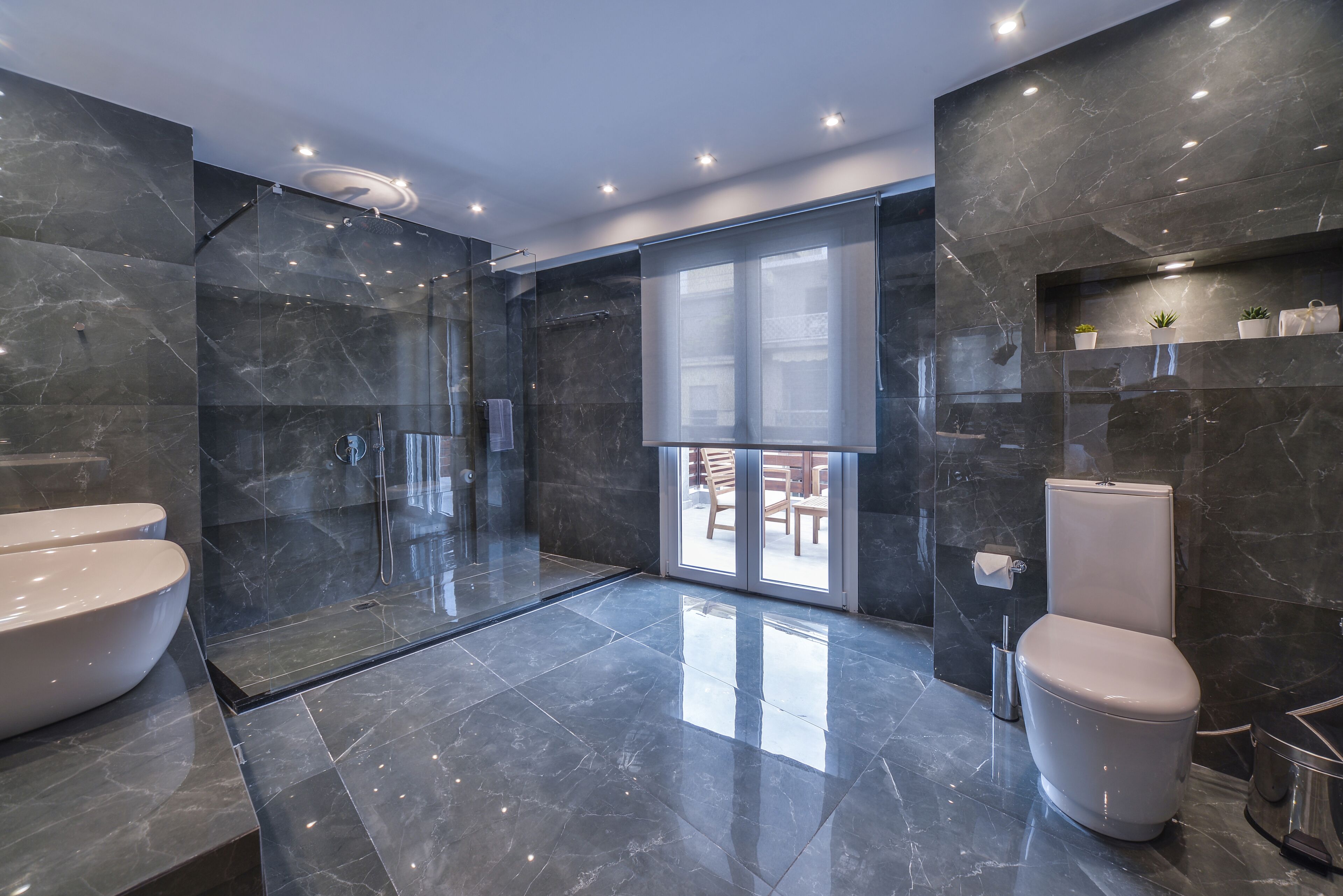 shower, rainfall showerhead, designer toiletries, hair dryer