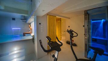 Quarto moderno com parede de vidro, esteira e pequena área de piscina.