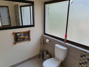 A small bathroom with a toilet, a mirror, and a window with a view of the outside.