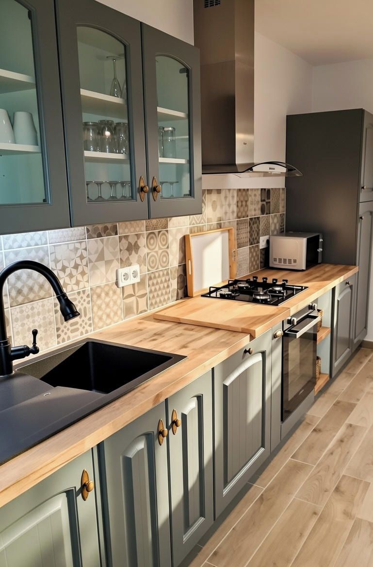 Una cocina con isla central, estufa integrada y microondas.