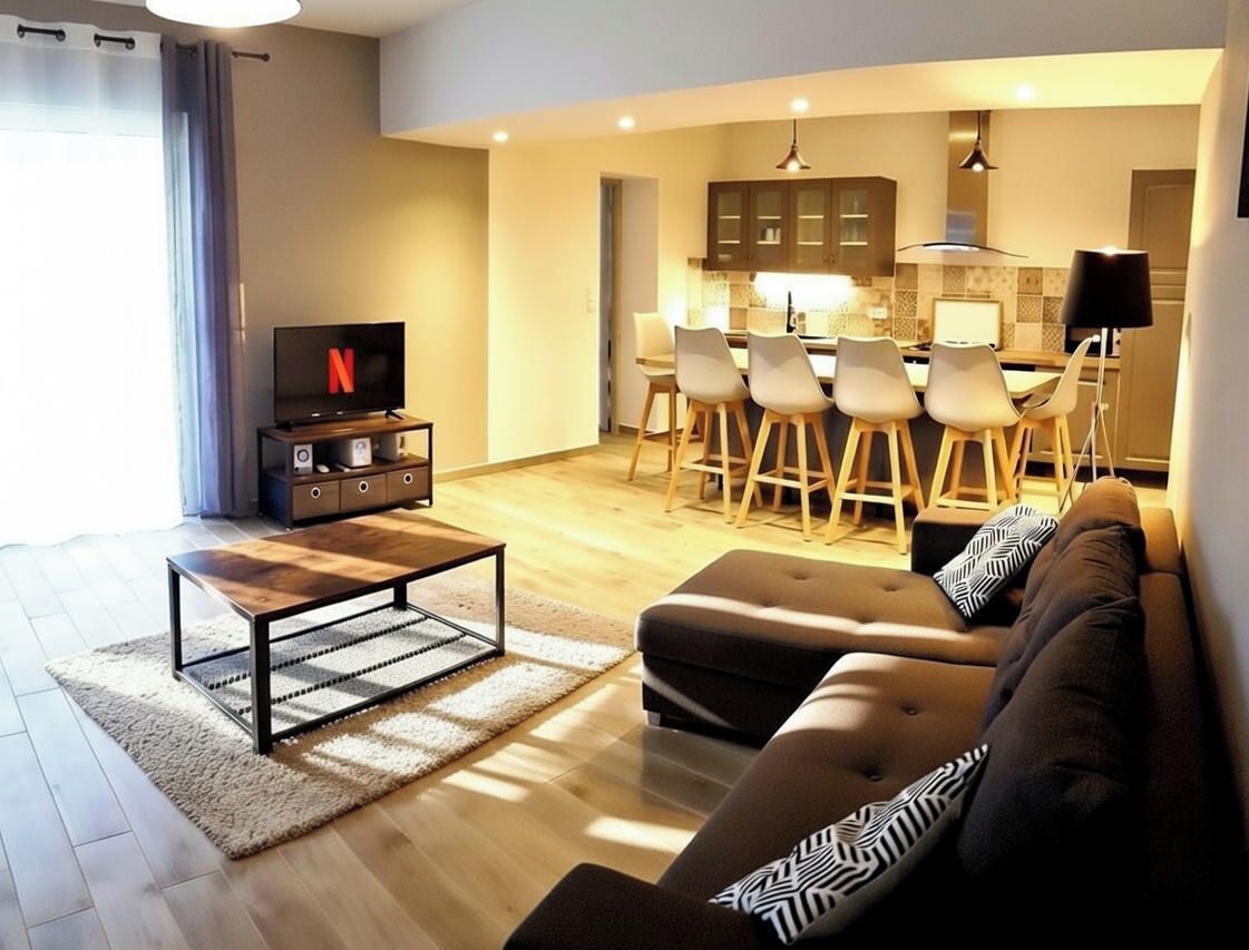 A modern living room with a sofa, a coffee table, and a TV. There is a kitchen area with a dining table and chairs.