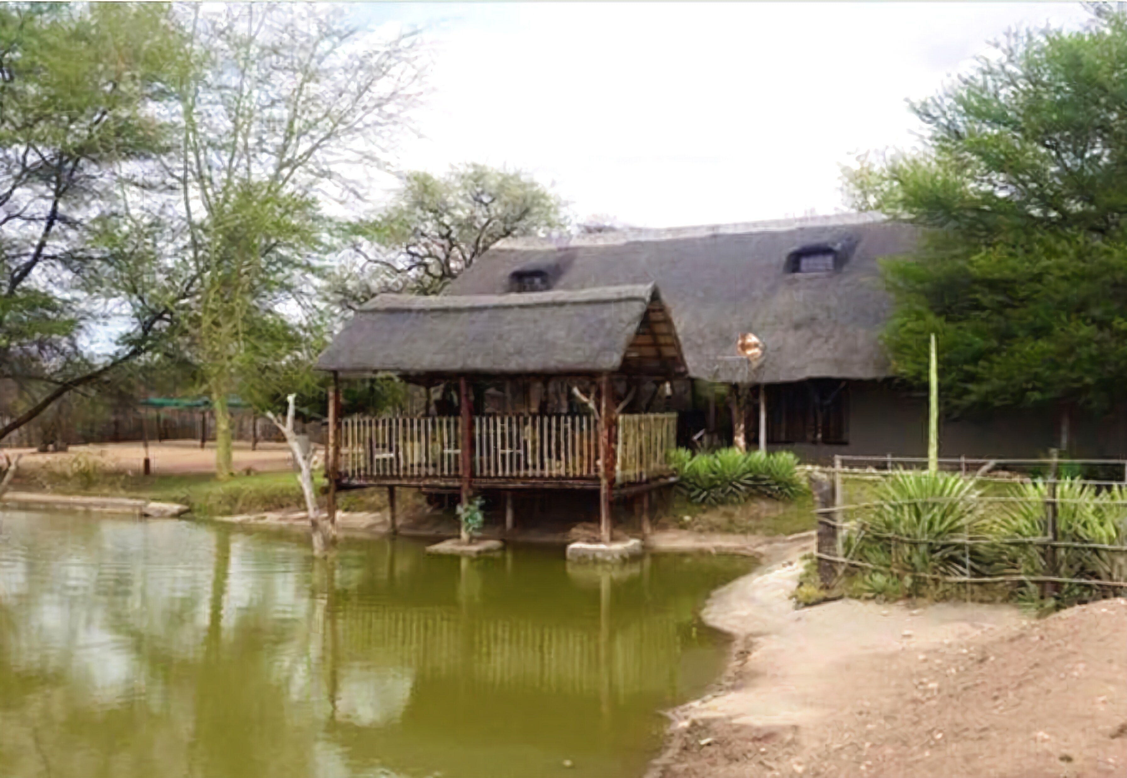 Een rustiek gebouw met rieten dak, een houten terras en een vijver op de voorgrond.