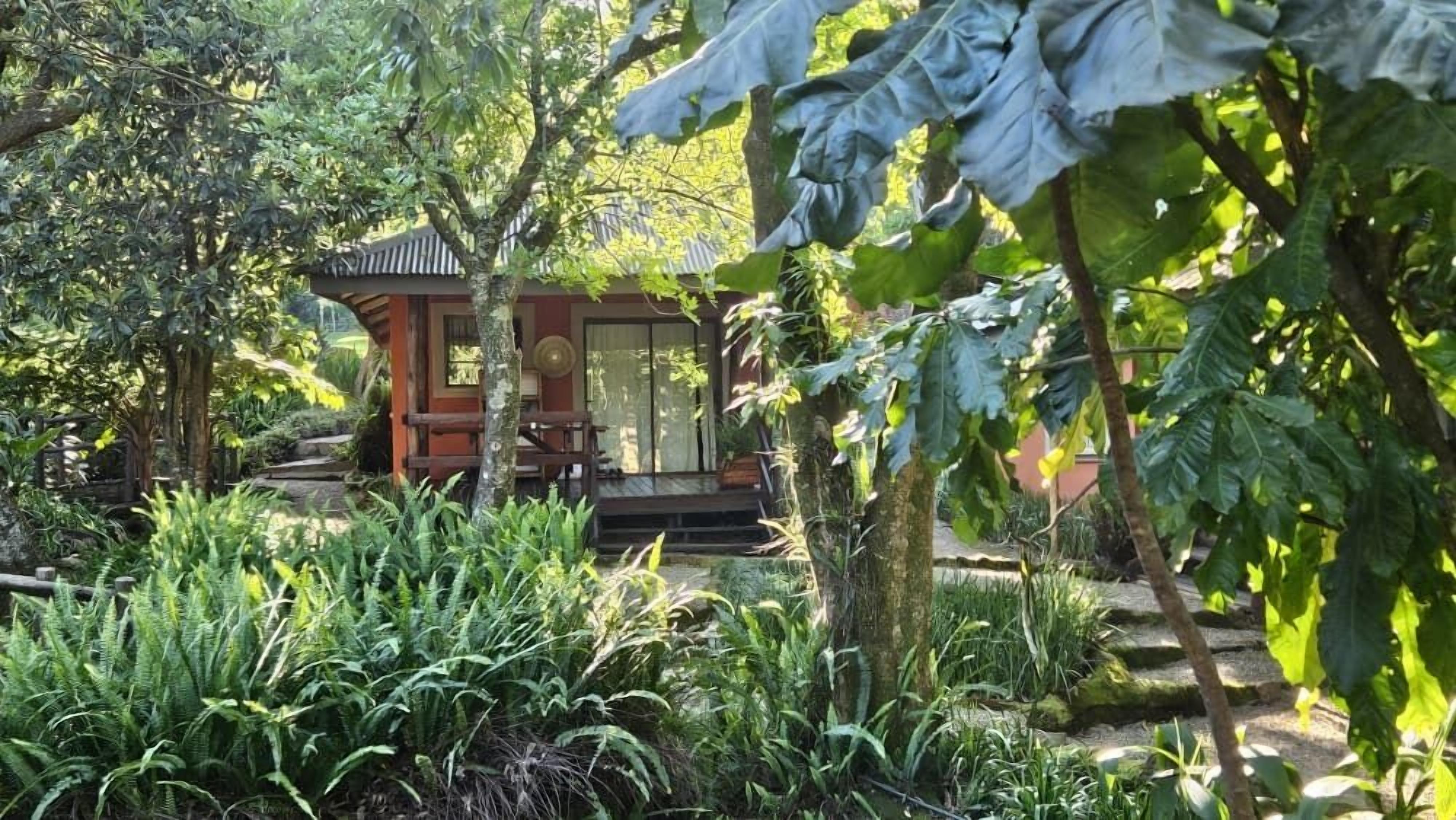 Un bâtiment traditionnel à la structure en bois, entouré d’une végétation luxuriante et bordé d’un sentier en pierre.