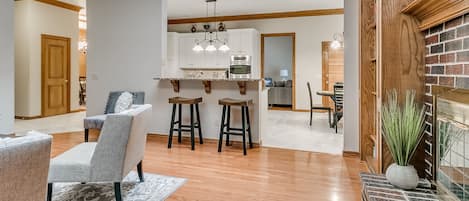 Smart TV, fireplace, books