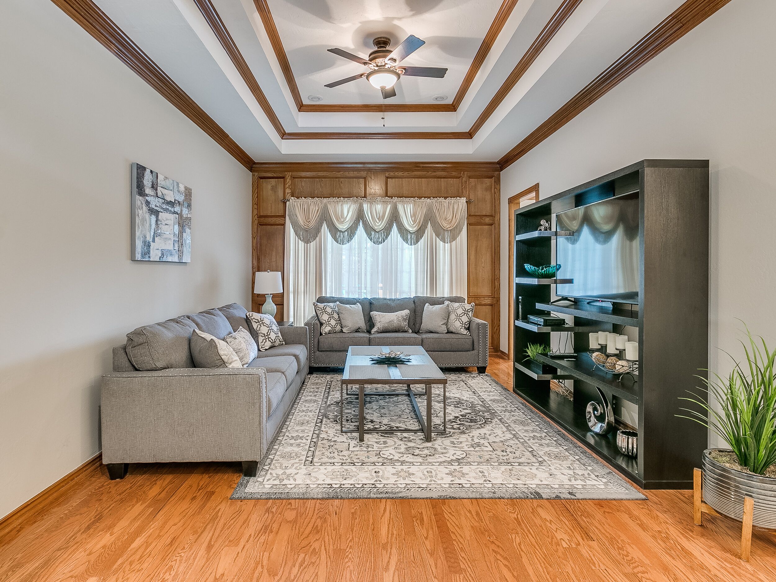 Smart TV, fireplace, books