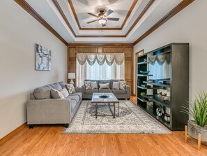 Smart TV, fireplace, books