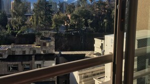 A view from a window overlooking a cityscape with buildings, trees, and a mountain range with snow-capped peaks.