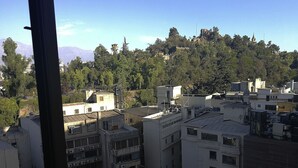 A view of a residential area with multi-story buildings, some with visible air conditioning units, and a backdrop of trees and a distant mountain range.